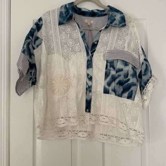 Pilcro by Anthropologie Patchwork Cabana Shirt Size Large Blue White Button Down - Picture 3 of 8